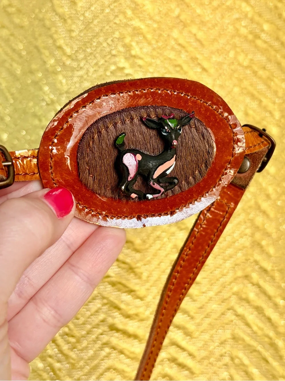 Vintage Brown Leather Belt with Animal Deer Inlay